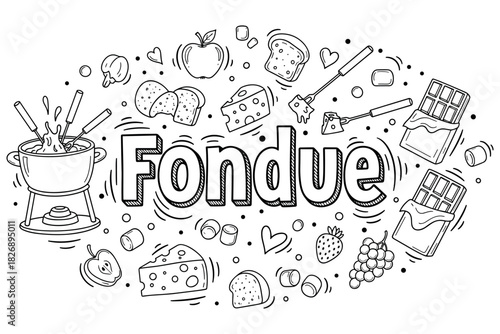 Cheese and chocolate fondue sketch with fruits and bread