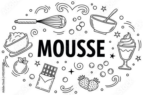 Black and white mousse illustration with whisk, berries, and chocolate