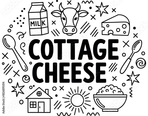 Cottage cheese design with milk, cow, and cheese icons