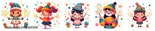 vector little girl playing fireworks new year celebration