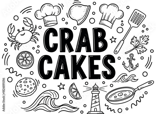 Crab cakes doodle art with waves, cooking utensils, and sea life elements