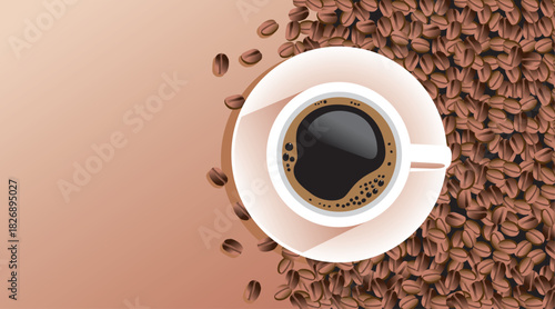 Espresso cup on roasted coffee beans with copy space