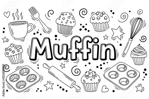 Muffin doodle: cupcakes, baking utensils, and coffee in fun black-and-white design