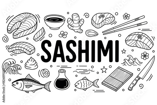 Sashimi ingredients and tools with fish, ginger, and chopsticks in black and white design