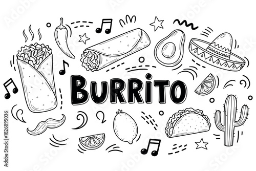 Doodle art of mexican burrito with traditional symbols and food elements
