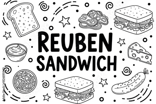 Black and white reuben sandwich doodle art with bread, pickles, and cheese
