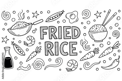 Fried rice illustration with ingredients and cooking elements