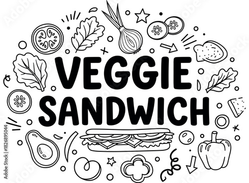 Veggie sandwich doodle with assorted vegetables and ingredients