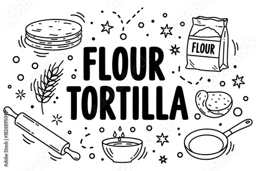 Flour tortilla ingredients and cooking tools illustration