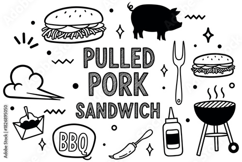 Pulled pork sandwich bbq elements with grill, sauce, and pig icons