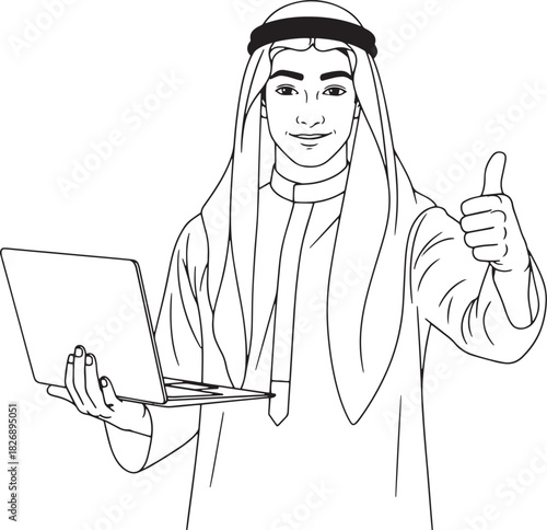 Arab man holding a laptop and giving a thumbs up line art isolated on a white background.