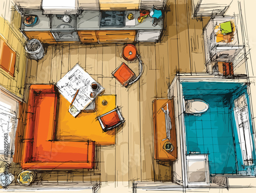 현대적인 아파트의 평면도 스케치, 거실, 주방, 욕실 디자인 아이디어