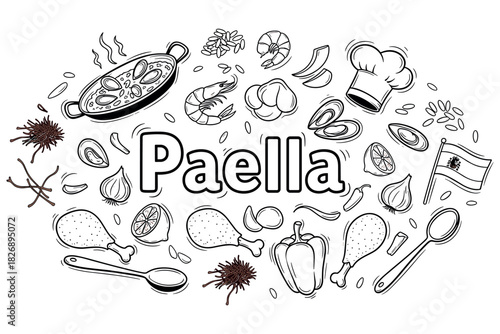 Paella ingredients: spanish dish outline with seafood, chicken, and vegetables