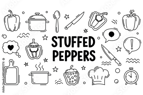 Stuffed peppers outline: ingredients and kitchen tools illustration