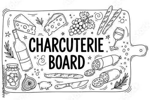 Charcuterie board elements: cheese, wine, bread, salami, grapes, and more