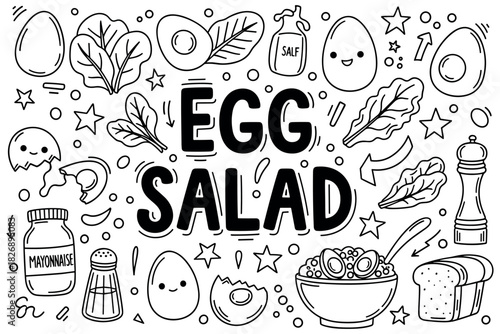 Egg salad ingredients and doodle art with happy food elements