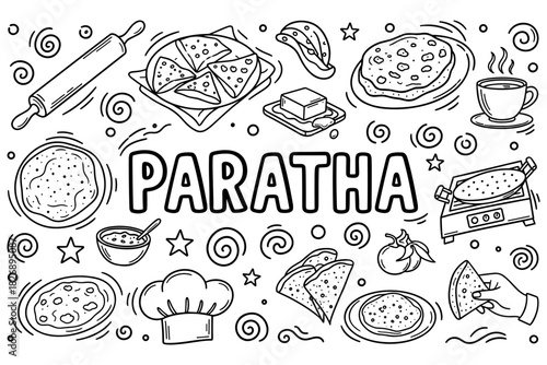Black and white illustration of paratha with food elements including butter and rolling pin
