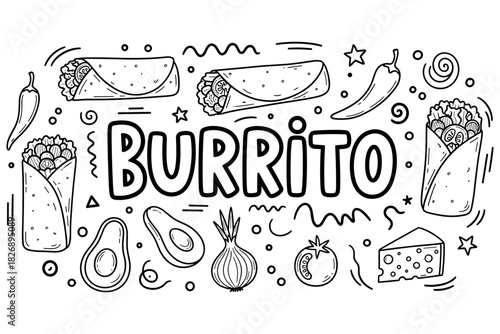 Black and white burrito illustration with ingredients: avocado, onion, cheese, peppers