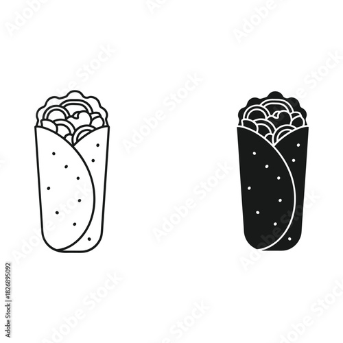 Two stylized illustrations of a delicious burrito one in outline and one in silhouette