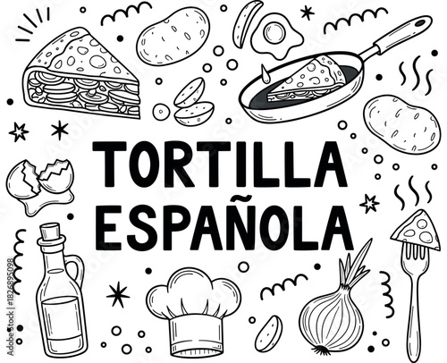 Tortilla española recipe with ingredients and illustrations