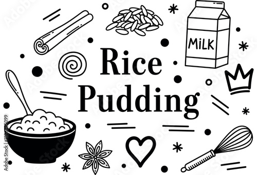 Rice pudding ingredients with milk, cinnamon, and rice - black and white illustration