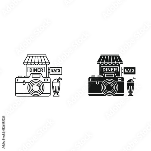 Vintage camera diner and cafe icons with milkshake in black and white