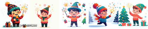 vector little boy playing fireworks new year celebration