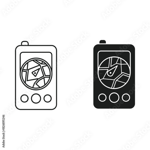 Two stylized icons of a gps device with a cracked screen
