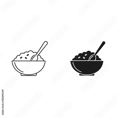 Simple line art and silhouette icons of a bowl of cereal with spoon