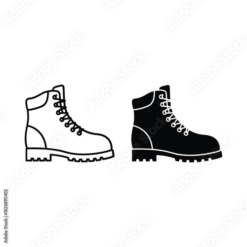 Black and white outline illustration of a rugged work boot