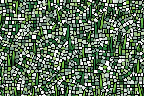 초록색 타일 모자이크 패턴과 잔디 모양의 추상적인 배경