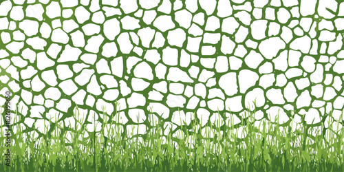 하늘과 잔디가 있는 돌담 패턴의 추상적인 녹색 배경