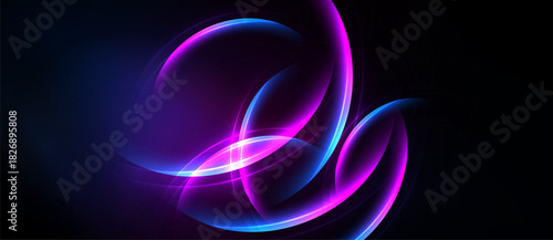 Abstract neon swirls, vibrant blue, purple hues. Dynamic light shapes create flowing energy, dark background emphasizes luminosity.