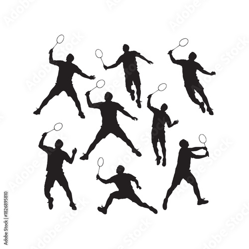 Badminton Player Action Silhouette Vector Set
