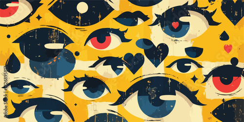 다양한 눈과 하트 모양이 패턴으로 구성된 추상적인 그래픽 디자인