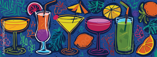 다양한 칵테일과 과일이 그려진 화려하고 톡톡 튀는 일러스트 배경