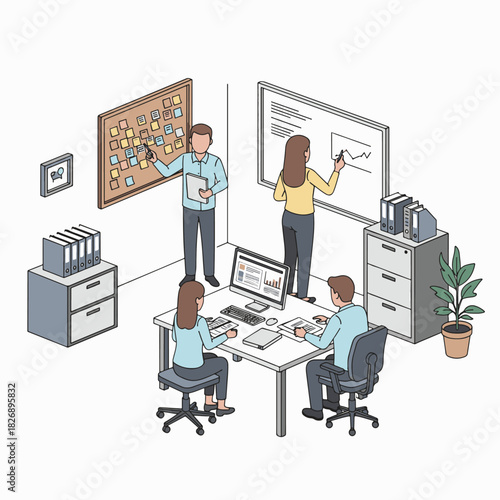 Isometric illustration of a business team during a meeting in a modern office environment
