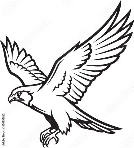  black line art illustration of a falcon or hawk in flight. Predator bird.