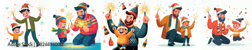 vector father and son playing fireworks new year celebration