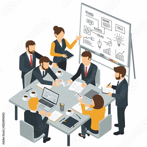 Isometric illustration of a business team meeting around a table with a whiteboard presentation