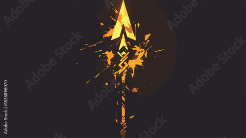 어두운 배경에 금색 화살촉 모양의 추상적인 그래픽 디자인, 역동적인 에너지와 목표 달성을 상징합니다.