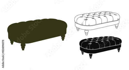 Brown tufted ottoman with black legs and line art ottoman versions
