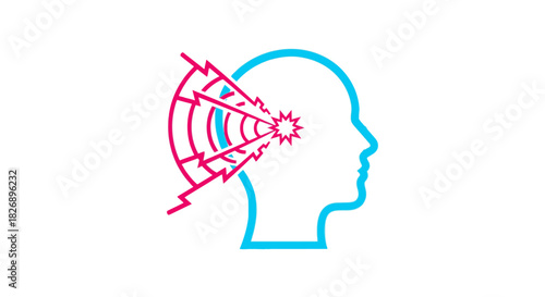 Conceptual illustration of a headache or migraine with radiating pain signals emanating from the brain within a silhouette.