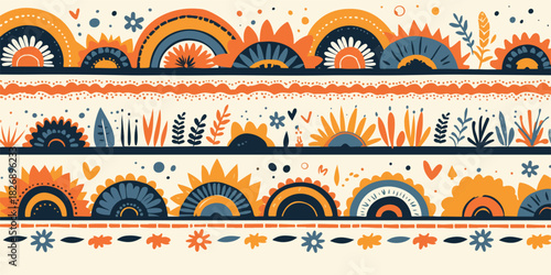 다채로운 색상의 추상적인 패턴 디자인으로, 태양, 무지개, 식물 모티프가 조화롭게 어우러져 있습니다.