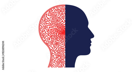 Abstract illustration of a human head split into two halves representing mental states or cognitive processes.