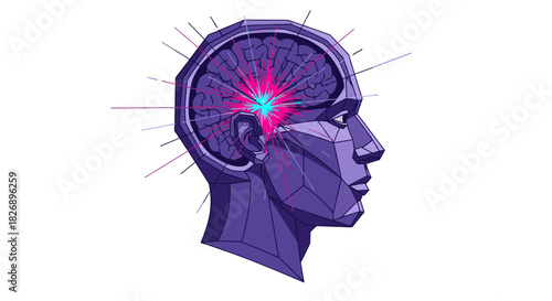 A vibrant, polygonal illustration of a human head with a glowing, energetic brain, symbolizing deep thought, innovation, or a sudden burst of creativity.