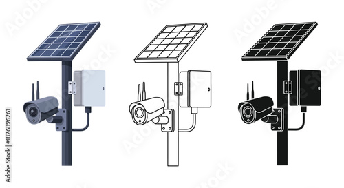 Three illustrations of security cameras with solar panels on a pole