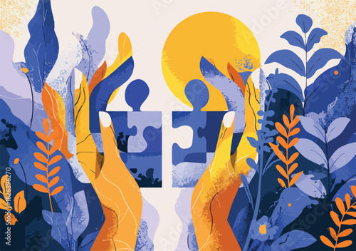 두 개의 퍼즐 조각을 맞추는 손, 협력과 연결을 상징하는 아름다운 일러스트