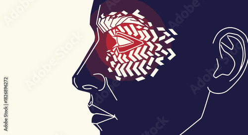 An abstract illustration depicting the intense discomfort of a migraine or severe headache, with fragmented patterns symbolizing mental strain and emotional distress.