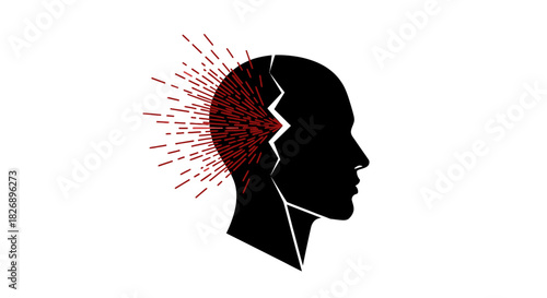 A stark silhouette of a human head, fractured and emanating explosive red lines, powerfully symbolizes intense mental anguish, stress, and psychological breakdown.
